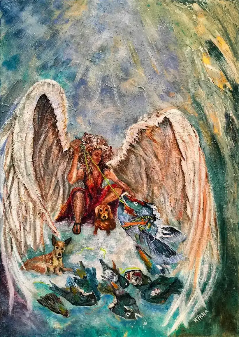 Ángel Guardián de los seres de los mares, pintura de Myrna Cleghorn