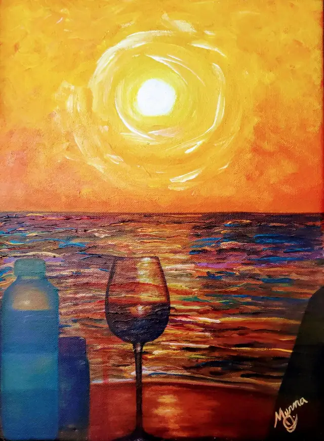 Atardecer en una copa, pintura de Myrna Cleghorn